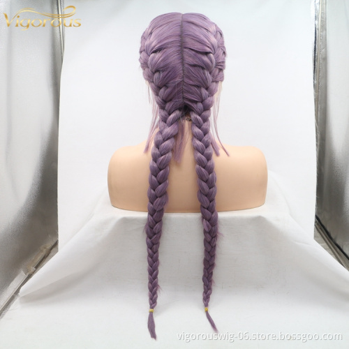 Vigorous long freetress purple african queen wholesale handmade braiding wig synthetic cornrow braid lace front wigs baby hair